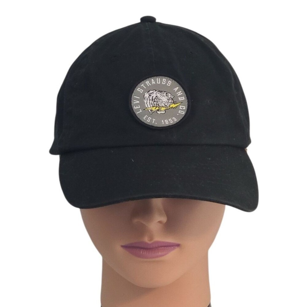 Levi's Tiger Lightning Bolt Logo Patch Black Cotton Baseball Cap Adj Dad Hat OS